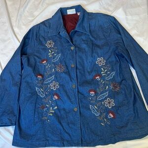 Alfred Dunner Chambray Denim Jacket 16W Blue Floral Embroidered Hippie Cottage